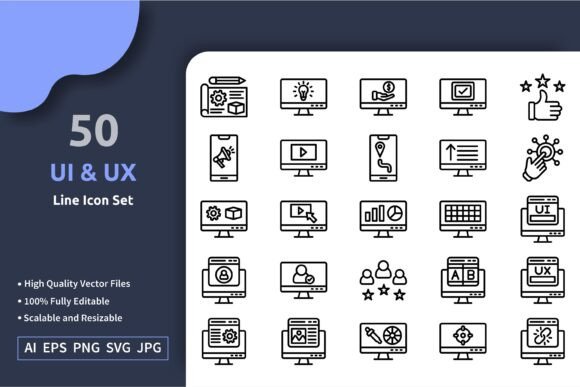 50 Vector UI and UX Line Icon Set for Embroidery Projects