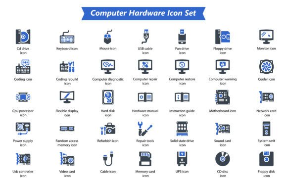 Computer Hardware Icon Set: A Graphic Design Asset for Modern Content Publishing