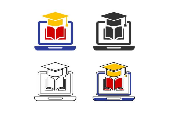 Graduation Cap and Open Book on Laptop I: A Versatile Design Icon for Modern Projects