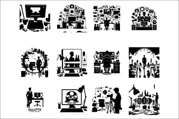 Modern Computer Desk Room Silhouette: A Versatile Graphic Design Asset for Crafts