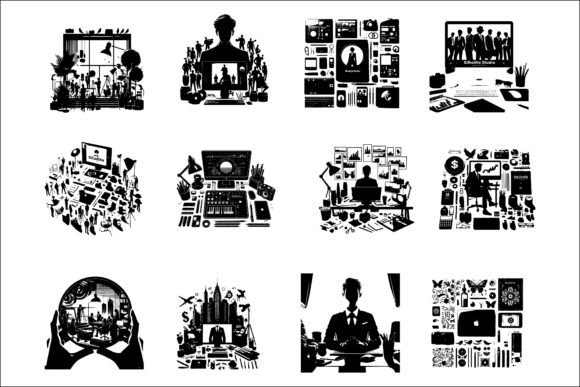Modern Computer Desk Room Silhouettes: A Versatile Graphic Design Asset for Crafts